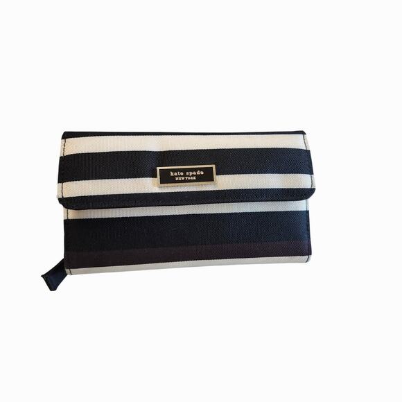 Vintage Kate Spade Wallet Zip Around Stripped Classic Black White Brown - Picture 1 of 10
